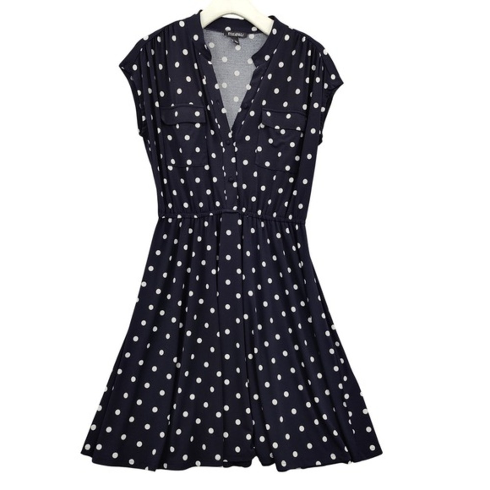 Roz & Ali Womens Retro Pinup Polka Dot Dress M Navy Blue Fit Flare Shirtdress